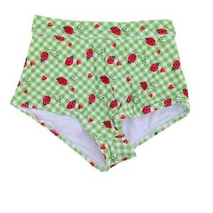 Unique Vintage Ladybug Gingham High Waisted Boy Short Bikini Bottom Green sz XS